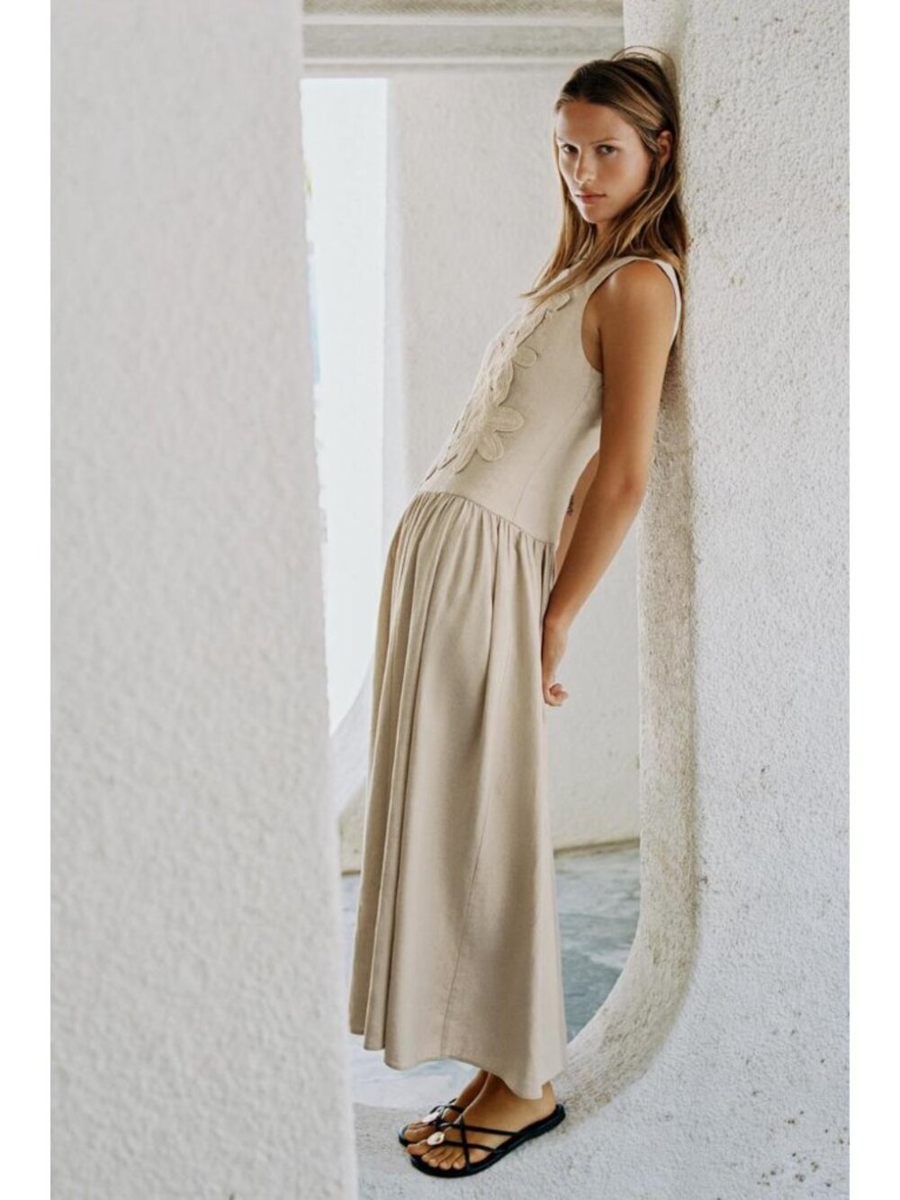 ZARA LINEN COMBINATION MIDI DRESS
